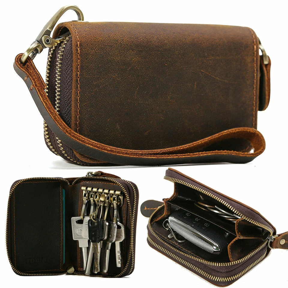 Brown Coin Purse Unisex Cow Leather Key Card Holder Bag Small Wallet Zip Around  - Image 1 of 4