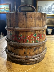 Antique 1800s Norwegian Groat Bucket Bent Wood Folk Art Painted 12x10 - Picture 1 of 4