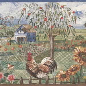 CONCORD WALLCOVERINGS ™ Wallpaper Border Country Pattern Chicken Cows Barns S... - Picture 1 of 4