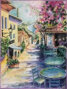 Paris Painting Cafe Original Watercolor Artwork French Street Scene Art 12/9 in - Picture 1 of 11