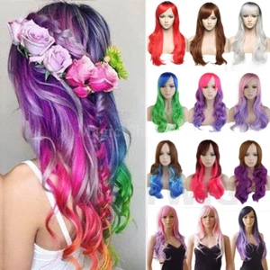 Glueless Ombre Long Wavy Full Wig Costume Anime Halloween Full Wigs Purple Pinkz - Picture 1 of 74