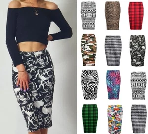 Women's Printed Stretchy Wiggle Pencil Bodycon HighWaist Tube Midi Skirt 8-26 - Picture 1 of 12