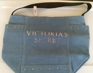 Victoria Secret denim blue weekender tote bag Rose Gold Jean Studded Weekender - Picture 1 of 2