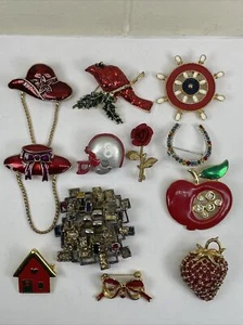 12 Brooches Pins Red Enamel Rhinestones Hats Bird Fruit House Cute Figures Lot - Picture 1 of 15
