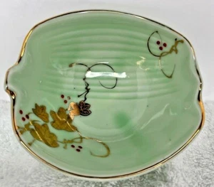 Asian Teal Green Rice or Noddle Bowl with Gold Leaf Design - 4.5" - Picture 1 of 6