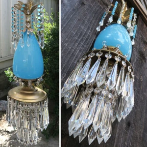 1 Murano chandelier Ceiling lamp Turquoise Opaline Glass Brass tole Vintage bead - Picture 1 of 8
