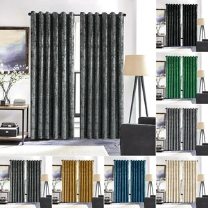 Crushed Velvet Blackout Curtains Eyelet Ring Top Ready Made Lined Curtains Pair - Picture 1 of 22