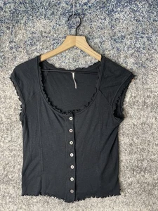 Free People Shirt Womens Medium Button Front Scallop Trim Ribbed Top Casual - Picture 1 of 6