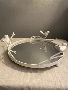White Metal Birds On A Branch Mirror Bottom Round Vanity Tray Vintage - Picture 1 of 7