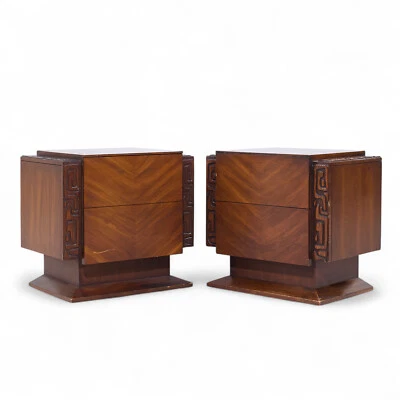 United Mid Century Walnut Tiki Brutalist Nightstands - Pair - Image 1 of 4