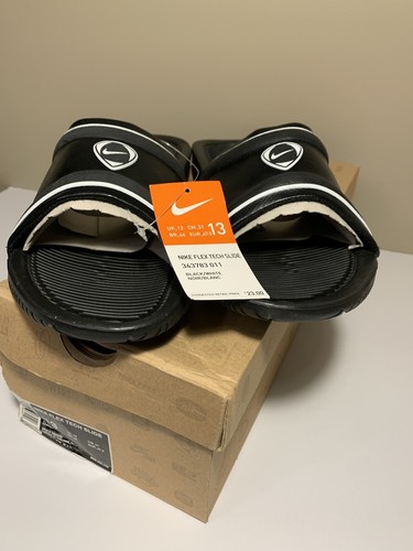 Sandali da uomo vintage nuovi con etichette Nike TEMPS FLEX TECH Slides taglia 13 343783 NERO BIANCO