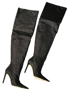 NIB Good American Black Glitter Thigh High Over The Knee Boots Size 8 Heels - Picture 1 of 4