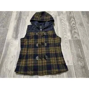 Pendleton || Quilted Wool Toggle Vest Hood in Alpine Getaway Navy Gold Plaid M - Picture 1 of 6