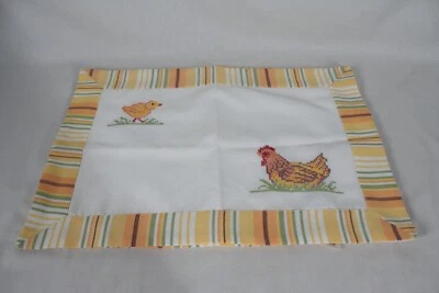  SET OF 4 LINEN HEN AND CHICK THEMED WITH 2" STRIPED BORDERED PLACEMATS NEW - Image 1 of 3