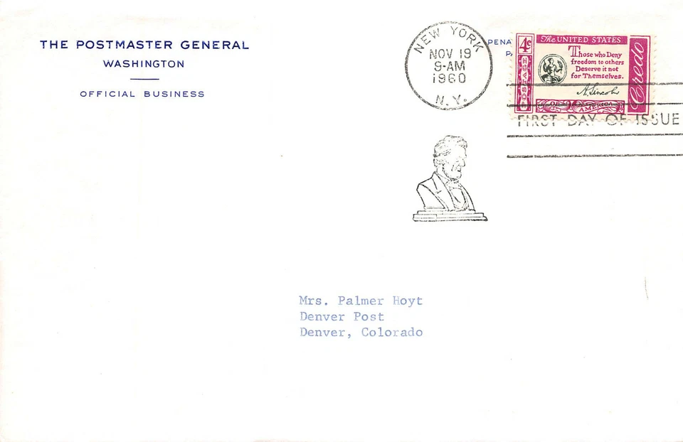 1143 4c Abraham Lincoln on Postmaster General corner card. [95097] - Image 1 of 1