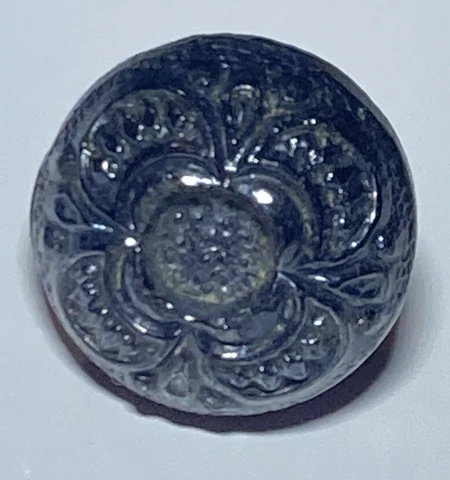 Antique Jet Black Glass Button Grey Luster Domed Textured Self Shank 7/16" Cover