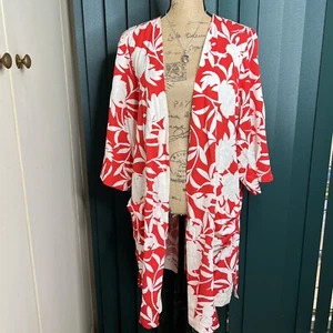 Sussan Women’s Red Beige Floral 3/4 Sleeve Open Kimono Jacket Size L/ XL Festive - Picture 1 of 5