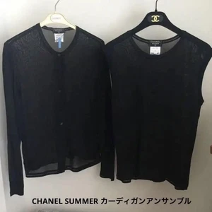 CHANEL Black Cardigan & Sleeveless Ensemble 2XL Summer Viscose Rayon Vintage - Picture 1 of 13