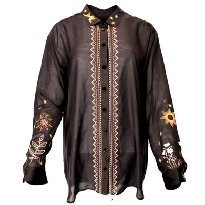 JOHNNY WAS Calme Brown Embroidered Oversized Tunic Shirt Silky Floral Boho Sz M - Image 1 of 4