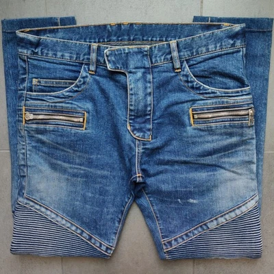 Jeans masculino skinny Balmain SS15 azul desgastado jeans motociclista 32 S5HT572C479 - Imagem 1 de 4