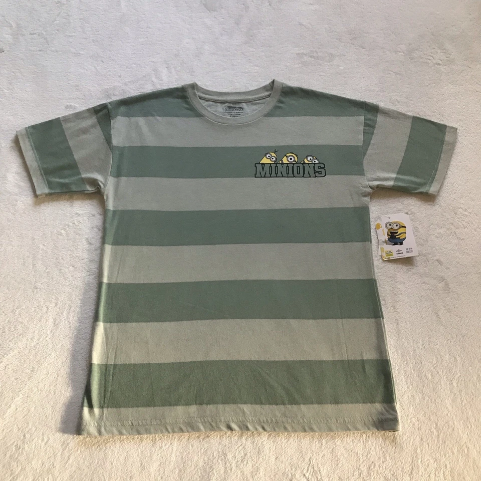Minions Boys Green Striped Stretch Short Sleeve Graphic T-shirt Sz L (10-12)