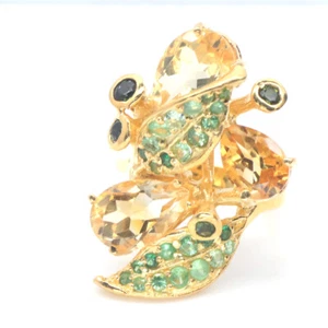 Gemstone Golden Yellow Citrine, Diopside & Tsavolire Statement Ring 925 Silver - Picture 1 of 4