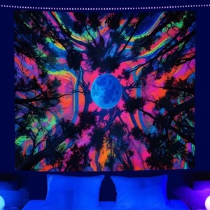 Blacklight Moon Tapestry UV Reactive Nature Forest Wall Hanging Art Home Decor - Picture 1 of 5