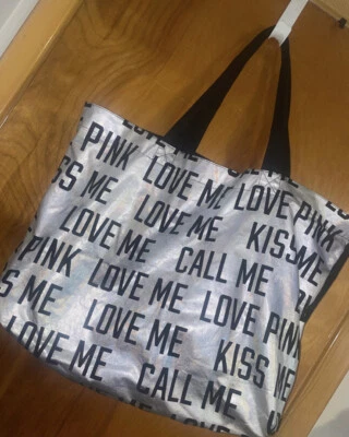 LARGE Victoria's Secret  "Love Me Kiss Me Call Me" Silver Bling Tote Bag - Image 1 of 4