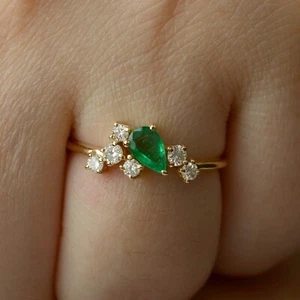 Genuine Pear Emerald Diamond Pave Cluster Ring Solid 14K Yellow Gold Bridal Ring - Picture 1 of 14