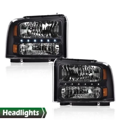 Fit For 2005-2007 Ford F250 F350 F450 F550 Super Duty LED DRL Headlights Black - Image 1 of 4
