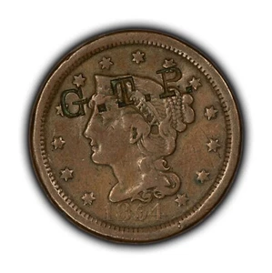 1854 1c Braided Hair Large Cent - Counterstamp GTP - VF Coin - SKU-Z5111 - Picture 1 of 4