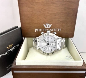 Stainless Steel Philip Watch Chronograph Valjoux 7750 Box Book White Motif Dial - Picture 1 of 8