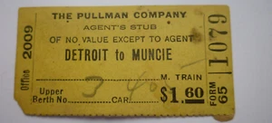 USA 1920 Pullman Company Detroit to Muncie Railway Station Ticket - Picture 1 of 2