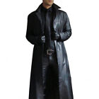 Men Leather Trench Long Coat Single Breasted Lapel Slim Windbreaker Jacket