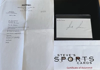 Ted Turner Signed Index Card w/ Original TBS Letter COA & Top Loader - Image 1 of 4