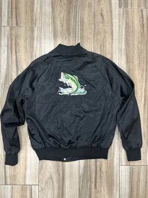 Vintage Satin Jacket Large Black Souvenir Bomber Embroidered Bass Double Sided - Image 1 of 4