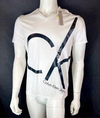 Calvin Klein Logo ShortSleeve Stretch V-Neck WhiteT-Shirt Men's Sz MediumNEW. - Image 1 of 4