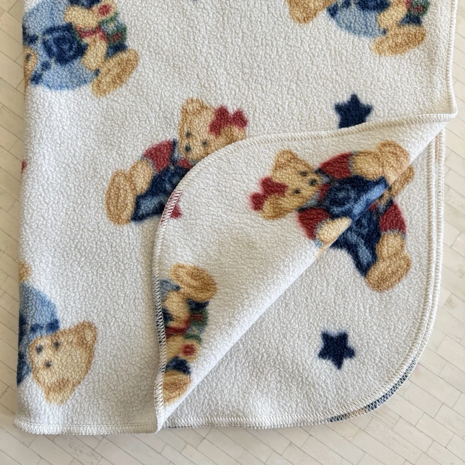 Vintage Blue Jean Teddy Bear Fleece Baby Blanket Girl And Boy Stars Springmaid - Image 1 of 4