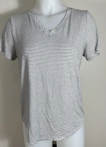 Green Envelope Shirt V-Neck M Black White Striped Short Sleeve Pullover Top - Picture 1 of 4