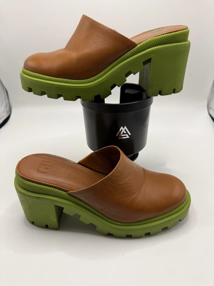 Plataforma de couro GB End Game mulas marrom verde salto robusto tamanho 6 EUA - Imagem 1 de 4