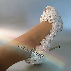 Su.Cheny 3”4” Encaje Blanco Marfil Peep Punta Abierta Cinta Flores Boda Novia Zapatos - Imagen 1 de 9