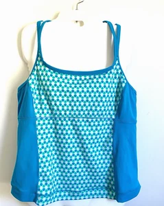 Lands' End Woman 18 Tankini Swim Top Shelf Bra Strappy Racerback Blue Green Dots - Picture 1 of 17