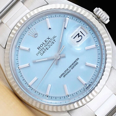ROLEX MENS DATEJUST ICE BLUE DIAL 18K WHITE GOLD STEEL WATCH w/ OYSTER BAND - Image 1 of 4