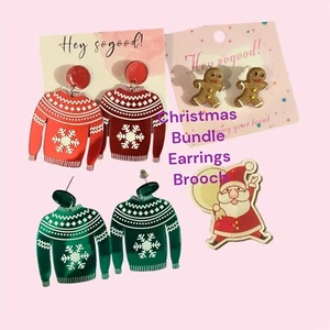 Kitsch Christmas funky jumper gingerbread men Santa earrings brooch gift bundle - Picture 1 of 13