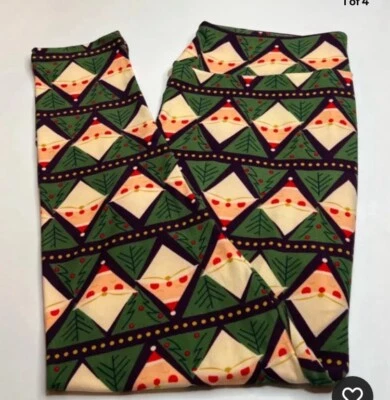 Nova Leggings de Natal LuLaRoe TC 2 Verde com Roxo e Papai Noel e Árvores em Diamantes - Imagem 1 de 3