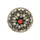 Vtg Sterling Sign 800 Victorian Etruscan Coral Stone Filigree Circle Pin Brooch