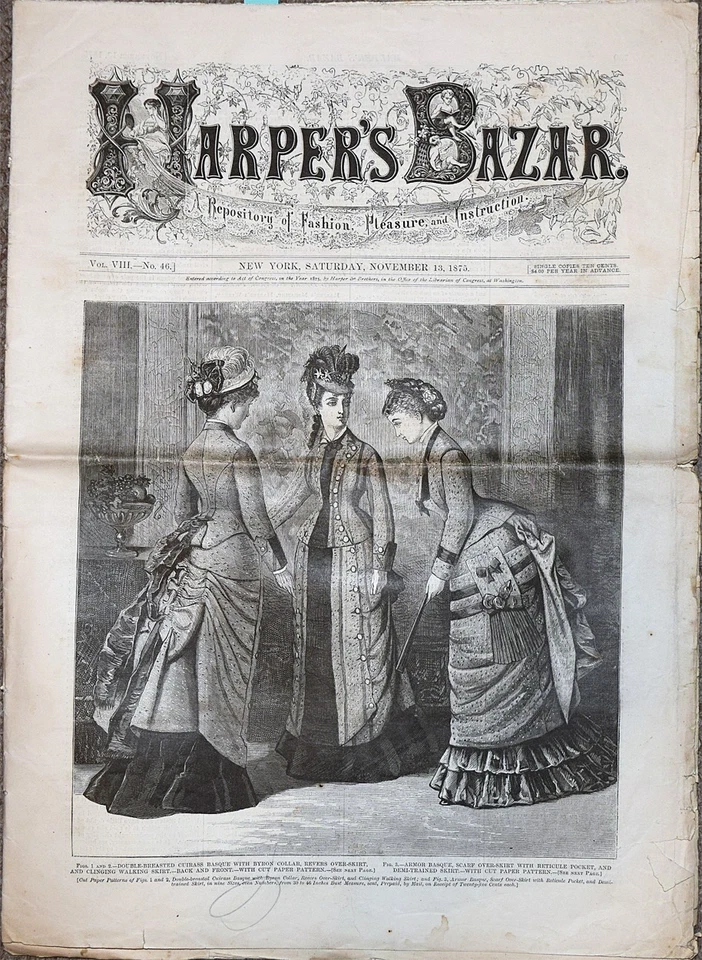 -Rare- 1875 -HARPER'S BAZAR- Vintage 11/13 Women's FASHION Magazine - Bazaar - Image 1 of 2