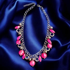 Pink Fringe Necklace Acrylic Beads Silver Tone Chain Dangle Statement Chunky - Picture 1 of 8