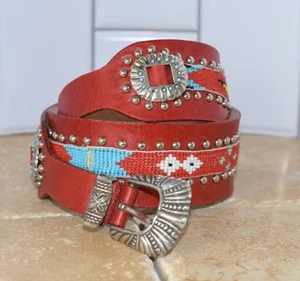 1997 Beaded Embellished Western Red Leather Belt Silver Concho Buckle 37" - Picture 1 of 8