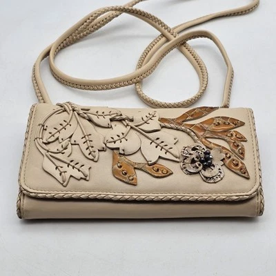 Brighton leather applique beaded leaf crossbody pause wallet cream braided - Image 1 of 4